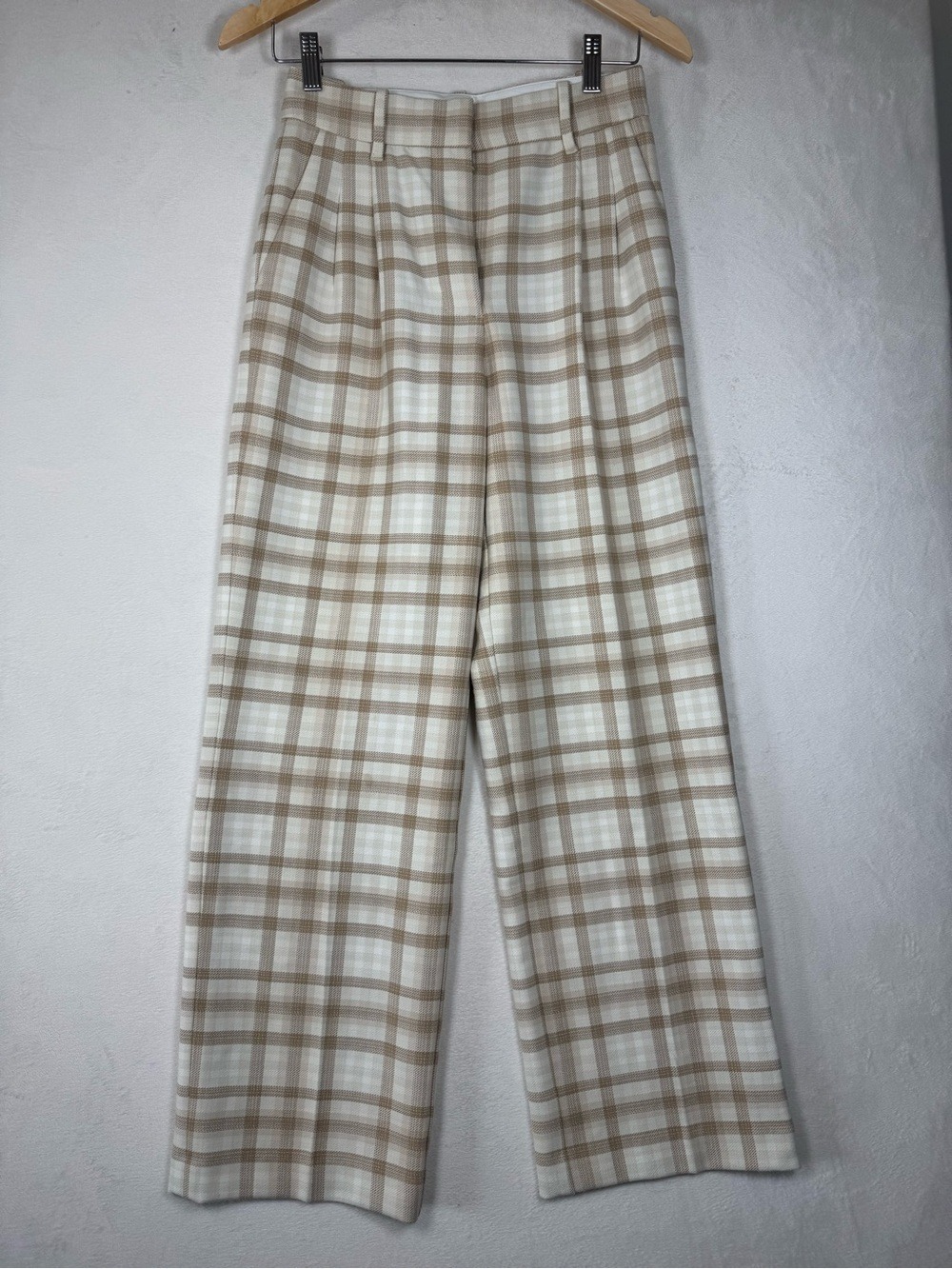 Wilfred Effortless Cream Plaid Wide-Leg Trousers Size 2